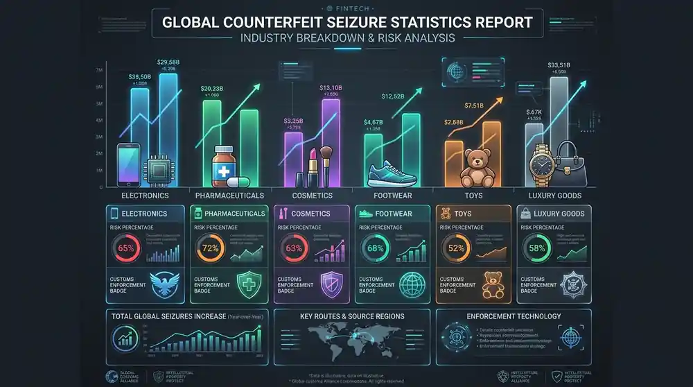 Data chart and global customs seizure statistics breakdown across industries for counterfeit goods