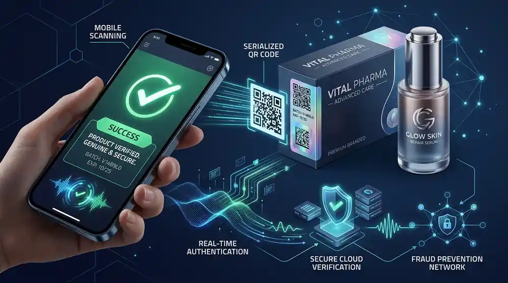 Magnifying glass inspecting high-security serialized packaging and digital verification markers