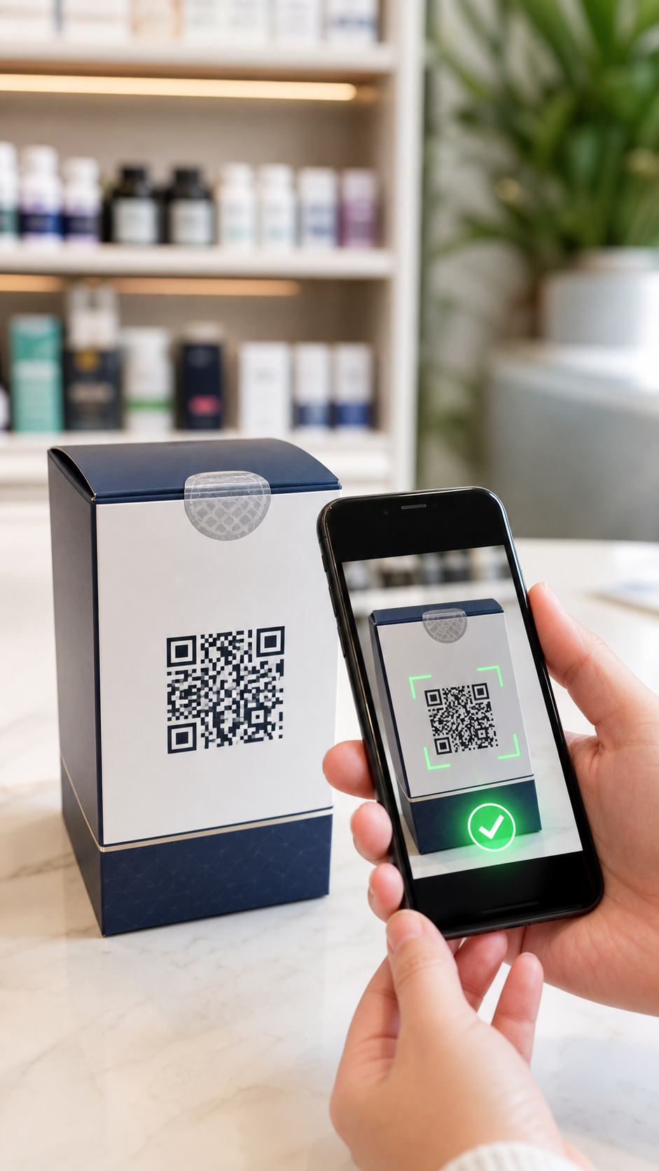 TrustQR mobile QR code scan on product packaging with a successful verification indicator