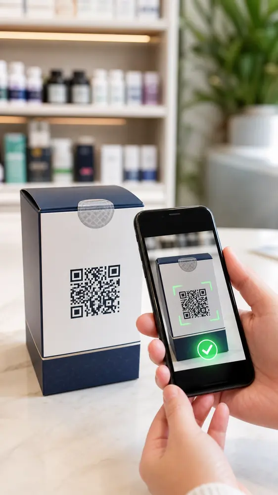 فحص الهاتف الذكي لرمز QR على غلاف المنتج مع إظهار مؤشر النجاح والتوثيق