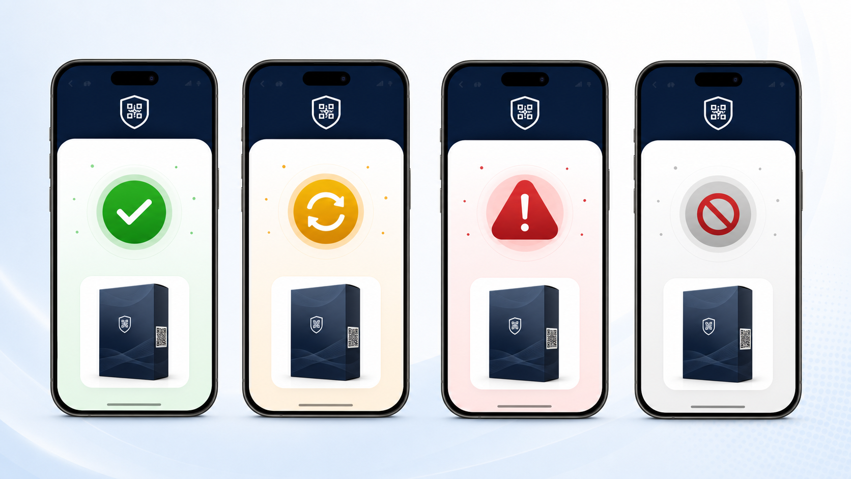 TrustQR mobile verification screens showing authentic, repeated scan, suspicious and invalid product statuses