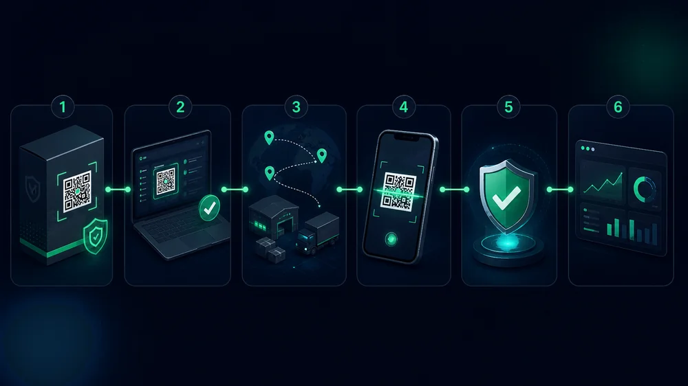 Six-step TrustQR workflow from product QR code creation to customer verification and brand dashboard insights