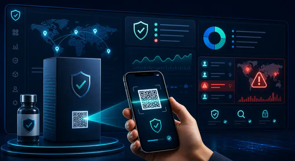 TrustQR anti-counterfeit system showing QR code verification, suspicious scan alerts, and brand protection dashboard